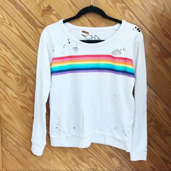 Chaser Distressed Rainbow Stripe Crew Sweatshirt - Picture 2 of 5
